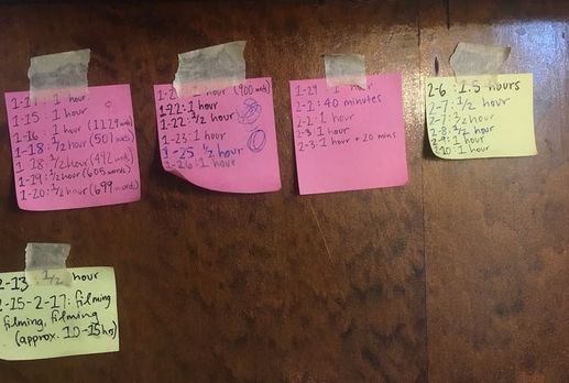 Five post-it notes taped to a wooden background, used to record time spent working on my portfolio projects. The post-it notes include the date that writing happened, followed by the time spent on working. For example “2-6: 1.5 hours.” The dates span from January 1st to February 17th.